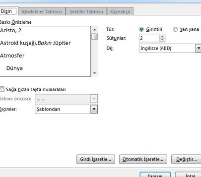 word dokumaninda dizin nasil olusturulur